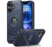 AIOVETEAB Funda para iPhone 16 Plus con Soporte de Metal, Slim Premium PU Cuero Retro Business Antiarañazos Anti-Choques Case Funda de Piel Protectora para iPhone 16 Plus,Azul