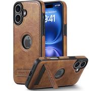 AIOVETEAB Funda para iPhone 16 Plus con Soporte de Metal, Slim Premium PU Cuero Retro Business Antiarañazos Anti-Choques Case Funda de Piel Protectora para iPhone 16 Plus,Marrón