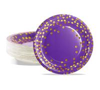 AIPartywar Platos de papel para fiesta, paquete de 50 platos desechables morados y dorados, lunares de aluminio, platos de cena de 7 pulgadas para graduación, boda, fiesta de cumpleaños