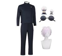 AIPILEI Disfraz de anime Gojo Satoru para cosplay, uniforme escolar, chaqueta, pantalones (con gafas) para Halloween, carnaval, fiesta, cosplay, disfraz para hombre (disfraz + peluca + gafas, XL)