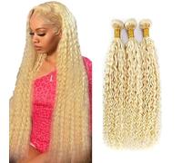 AiPliantfis Curly Wave Bundles Human Hair Cabello Human Human Hair Extensions de Pelo Humano #613 Blonde 50g/PC 150G Double Weft for Women 3 Bundles 18 20 22 Pulgada