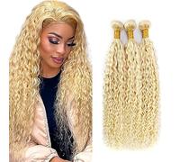 AiPliantfis Curly Wave Bundles Human Hair Cabello Human Human Hair Extensions de Pelo Humano #613 Blonde 50g/PC 150G Double Weft for Women 3 Bundles 12 14 16 Pulgada