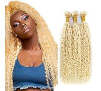 AiPliantfis Curly Wave Bundles Human Hair Cabello Human Human Hair Extensions de Pelo Humano #613 Blonde 50g/PC 150G Double Weft for Women 3 Bundles 14 16 18 Pulgada