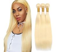 AiPliantfis Straight Bundles Human Hair Cabello Human Human Hair Extensions de Pelo Humano #613 Blonde 50g/PC 150G Double Weft for Women 3 Bundles 24 26 28 Pulgada