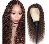 AiPliantfis Water Wave Human Hair Wig Brown Marrón Pelucas Mujer 4X4 Lace Front Glueless Wig Wear and Go #4 Chocolate Real Hair Pre Plucked 150% Density Unprocessed Brazilian Remy Hair 22 Inch