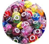 AIPRIDY 50 cuentas de cristal de Murano de 15 x 11 mm con agujero grande de color mezclado con núcleos de latón plateado cuentas europeas para hacer joyas (flores y colores mezclados)