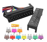Aiqeer 10 Vías Portafusibles Coche con Precableado, 2 Entradas 4 Salidas Bloque Fusibles Cuchilla Estándar, Caja Fusibles Marino con 10 Piezas Fusibles Estándar (12V / 24V / 32V / 48V Universal)