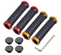 Aiqeer 2 Pares Puños Bicicleta Montaña, Puños Manillar Goma Antideslizante Ergonomicos, Puños Manillar Bici Doble Bloqueo, Empuñadura BMX, Puños MTB, para Mango con Diámetro 22 mm (Rojo + Dorado)