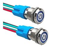 Aiqeer 2 Piezas 12 mm Interruptores de Botón Autoblocante, 12V / 24V 3A Interruptor de Botón LED Azul, Interruptor Pulsador Metálico Impermeable, con Enchufe Precableado