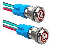 Aiqeer 2 Piezas 12 mm Interruptores de Botón Autoblocante, 12V / 24V 3A Interruptor de Botón LED Rojo, Interruptor Pulsador Metálico Impermeable, con Enchufe Precableado