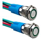 Aiqeer 2 Piezas 12 mm Interruptores de Botón Momentáneo, 12V / 24V 3A Interruptor de Botón LED Verde, Interruptor Pulsador Metálico Impermeable, con Enchufe Precableado