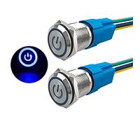Aiqeer 2 Piezas 16 mm Interruptores de Botón Autoblocante, 12V / 24V 5A Interruptor de Botón LED Azul, Interruptor Pulsador Metálico Impermeable, con Enchufe Precableado