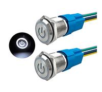 Aiqeer 2 Piezas 16 mm Interruptores de Botón Autoblocante, 12V / 24V 5A Interruptor de Botón LED Blanco, Interruptor Pulsador Metálico Impermeable, con Enchufe Precableado