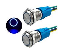 Aiqeer 2 Piezas 16 mm Interruptores de Botón Momentáneo, 12V / 24V 5A Interruptor de Botón LED Azul, Interruptor Pulsador Metálico Impermeable, con Enchufe Precableado