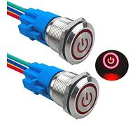 Aiqeer 2 Piezas 19 mm Interruptores de Botón Autoblocante, 12V / 24V 5A Interruptor de Botón LED Rojo, Interruptor Pulsador Metálico Impermeable, con Enchufe Precableado