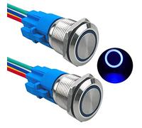 Aiqeer 2 Piezas 19 mm Interruptores de Botón Momentáneo, 12V / 24V 5A Interruptor de Botón LED Azul, Interruptor Pulsador Metálico Impermeable, con Enchufe Precableado