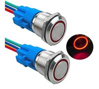 Aiqeer 2 Piezas 19 mm Interruptores de Botón Momentáneo, 12V / 24V 5A Interruptor de Botón LED Rojo, Interruptor Pulsador Metálico Impermeable, con Enchufe Precableado