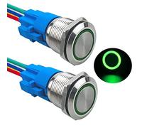 Aiqeer 2 Piezas 19 mm Interruptores de Botón Momentáneo, 12V / 24V 5A Interruptor de Botón LED Verde, Interruptor Pulsador Metálico Impermeable, con Enchufe Precableado