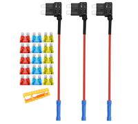 Aiqeer 3 Piezas 12V / 24V Medio Add-a-Circuit Portafusibles, Coche Portafusible Adaptador con 16 AWG Cable, Gratis 15 Piezas Fusibles Cuchilla Estándar y Extractor Fusibles (Terminal de Engarce)