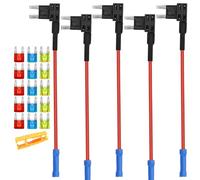 Aiqeer 5 Piezas 12V / 24V Pequeño Add-a-Circuit Portafusibles, Coche Portafusible Adaptador con 16 AWG Cable, Gratis 15 Piezas Fusibles Cuchilla Mini y Extractor Fusibles (Terminal de Engarce)