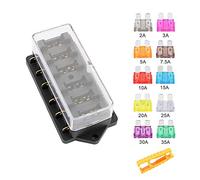 Aiqeer 6 Vías Portafusibles Coche Impermeable, 12V / 24V / 32V / 48V Universal Caja Fusibles Cuchilla Estándar, con 10 Piezas Fusibles Estándar (2A/3A/5A/7.5A/10A/15A/20A/25A/30A/35A)