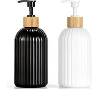 AiQInu 2 Piezas Dispensador Jabón Baño 400ml, Dosificador Jabon Baño, Acabado Mate Cerámico con Tapa de Madera, Estable & Preciso para Jabón Líquido, Champú