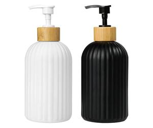 AiQInu 2 Piezas Dispensador Jabón Baño 400ml, Dosificador Jabon Baño, Acabado Mate Cerámico con Tapa de Madera, Estable & Preciso para Jabón Líquido, Champú