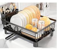 AiQInu Escurridor de Platos Compacto con Caño Giratorio 360°, Escurridor de Acero al Carbono con Portalos Utensilios, Secador Ahorraespacio para Cocinas Pequeñas, Sistema de Drenaje Automático
