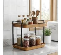 AiQInu Estante para Especias de 2 Niveles - Acero al Carbono con Acabado Madera, Barras Reforzadas, Bandeja Extraíble, Montaje sin Herramientas, Almacenamiento Versátil