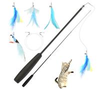 AiQInu Juguete para Gatos 5 Piezas, Caña de Pescar Retráctil Juguete Interactivos Gato, Juguetes Gatos con 1 Pájaro y 3 Plumas con Campana, Varita Retráctil con Plumas para Gatitos