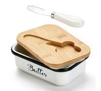 AiQInu Plato de Mantequilla, Mantequera de inoxidable con tapa de bambú y cuchillo multifuncional, Puede Contener 250g, contenedor de almacenamiento de mantequilla para nevera, encimera de cocina