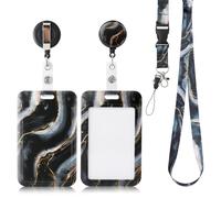 AiQInu Porta Tarjetas Identificativas, Lanyard con Tarjetero, Cordón Retráctil, Para Tarjeta de Identificación, Llaves, Cámara, Teléfono Móvil, Perfecto para Oficina, Eventos (Negro)