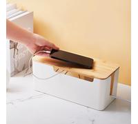 AiQInu Set de 2 Caja Organizadora Cables, Organizador Cables para Regletas, Cable Box con Tapa de Madera, Ocultar Organizador para Extensión, Corrector y Organizador de Cubierta