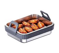 Air Fryer Baking Pan - 19.5×15×4.8cm Stainless Steel Silicone Handle Baking Tray, Non Stick Oven Safe Cookware | Durable Air Fryer Accessories, Heat Resistant Bakeware Mold, Reusable Grill Pan for Cri