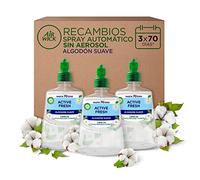 Air Wick Active Fresh Spray Automatico Sin Aerosol - Ambientador para casa con aroma a Algodón - Pack de 3 Recambios (228mlx3)