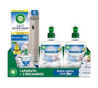 Air Wick Active Fresh Spray Automatico Sin Aerosol - Ambientador para casa con aroma a Ropa Limpia con Flor - Pack de 1 Aparato + 3 Recambios (228mlx3)