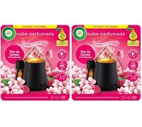 Air Wick Essential Mist, Ambientador difusor de aceites esenciales que brilla al liberar vapor, con aroma a Flor de Cerezo y Frambuesa infusionado con 2 veces más aceites esenciales (Paquete de 2)