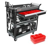 AIRAJ Carro de tres pisos | Taller con cajones | Carro multifuncional para talleres, talleres de reparación y almacén | Carro de taller con ganchos y cajas de piezas |Negro