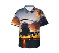 Aircraft Plane At Sunset Print Camisa hawaiana de manga corta para hombre para vacaciones en la playa, camisas casuales ligeras, Negro, M