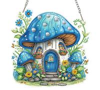 AIRDEA Casa hongo azul Diamond Painting Colgante Acrílico Doble Cara, Cabaña floral Pintura Diamante Colgante Atrapasol Kit Manualidades Adultos, Atrapasol Ventana Diamond Painting
