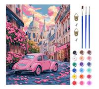 AIRDEA Coche rosa Pintar por Numeros Adultos, DIY Pintura por Numeros Adultos, Calle de París Paint By Numbers Adult Pintura al óleo de Lienzo con Pinceles Pigmento Acrílico 40X50 cm (Sin Marco)