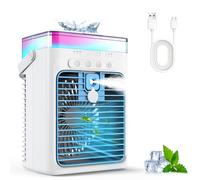 Aire Acondicionado Portátil, 3-en-1 Enfriador por Evaporación con 3 Velocidades y 2 Modos de Niebla, 1000ml Mini Aire Acondicionado, Ventilador USB con Luz RGB y Timer para Oficina Coche Camping