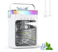 Aire Acondicionado Portátil, 3-en-1 Enfriador por Evaporación con 3 Velocidades y 2 Modos de Niebla, 1000ml Mini Aire Acondicionado, Ventilador USB con Luz RGB y Timer para Oficina Coche Camping