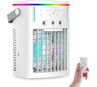 Aire Acondicionado Portátil 4 en 1, Enfriador de Aire con Depósito de Agua de 1000 ml, Temporizador 2/4/8H, 7 Luces Nocturnas, Ventilador de Enfriamiento Personal USB para Interior