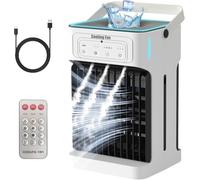 Aire Acondicionado Portatil Con Remoto,1100ml Motor Dual Y Ventilador Aire,4 En 1 Mini Climatizador Evaporativo,3 Velocidades 3 Modos De Niebla,Enfriador de Aire Para Hogar Oficina,Plata Blanco