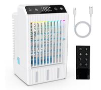 Aire acondicionado portátil, enfriador de aire silencioso con depósito de agua de 1000 ml, temporizador 2-12H, 4 velocidades, 7 colores, luz nocturna, mini aire acondicionado sin manguera de escape
