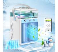 Aire Acondicionado Portatil, Mini Aire Acondicionado Portatil Silencioso, 5 en 1 Climatizador Evaporativo, Enfriador de Aire, 3 Velocidades, 3 Modos de Pulverización, LED de 7 Colores