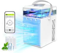Aire Acondicionado Portatil, Mini Aire Acondicionado Portatil Silencioso, 5 en 1 Climatizador Evaporativo, Enfriador de Aire, 3 Velocidades, 3 Modos de Pulverización, LED de 7 Colores