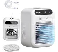 Aire Acondicionado Portátil, Mini Refrigerador Evaporativo con Tanque de Hielo 500ml, Recargable USB-C, Sin Instalación, 2 Velocidades, 10H Autonomía, Ultra Silencioso para Dormitorio y Oficina