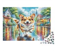 Airedale Terrier Rompecabezas DIY de Papel Premium Corgi Corriendo por un Charco en el Pueblo, Relleno de calcetín Estimulante Mental 38x26cm/1000 Piezas